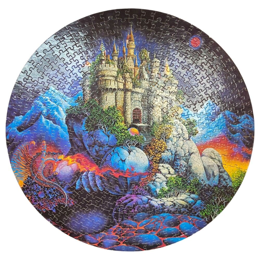 VTG 1981 Citadel Fantasy Round Art Castle Dragon FINISHED Jigsaw Wooden ARTWORK